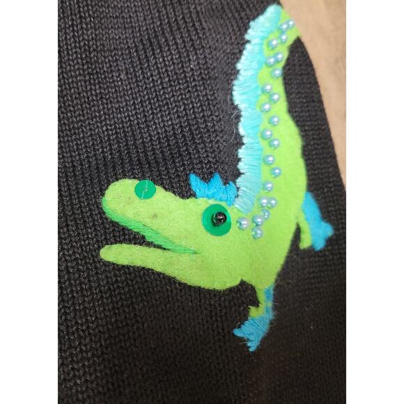 Michael Simon Sweater Size L Cardigan Black Green Beaded Alligators Button Vtg - Picture 10 of 16